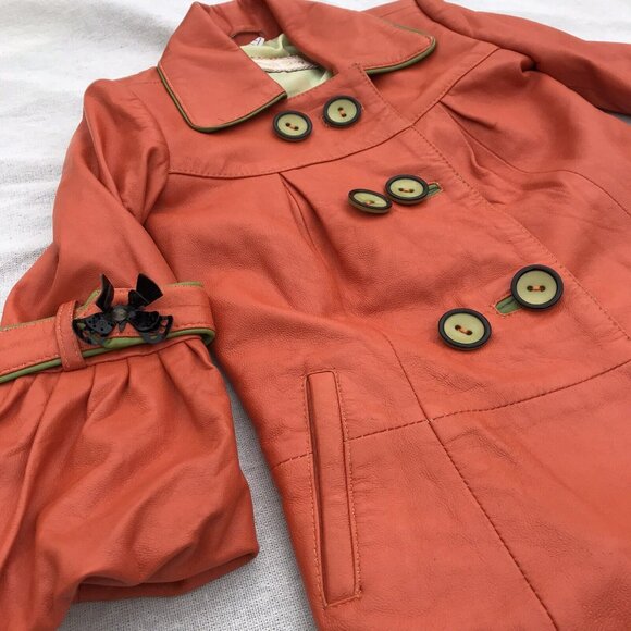 Vtg Lux Imported Turkey Bennys Orange Leather Coat Silk Lined Designer Girls 5 6 - Picture 6 of 16